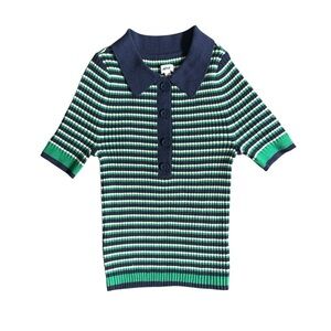Aerie Ribbed Knit Short Sleeve Polo Navy Green & White Stripes- Small
